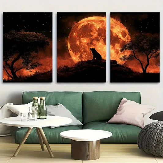 3pcs Wolf Sitting On Hill Howling at Full Moon Metal Print Ready to Hang Art