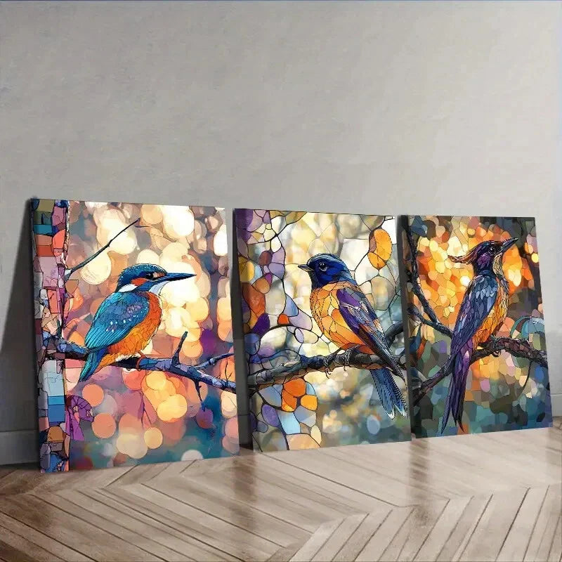 3pcs Stained Glass Bird, Luxurious Wall Art Set Canvas Framed 40x60cm - High Quality Print 100% Australian Made Wall Canvas Ready to Hang