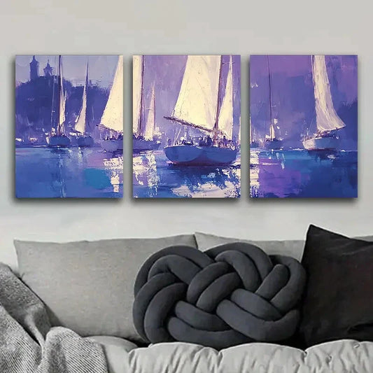 3pcs Sailboats at Sea Purple Blue Nature Perfect Wall Art Set Canvas Framed 40x60cm - High Quality Print 100% Australian Made Wall Canvas Ready to Hang