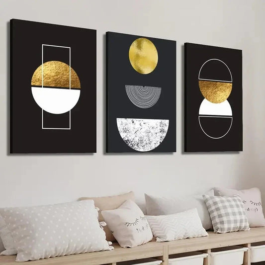 3pcs Elegant Black & Golden Geometric Wall Art Set Canvas Framed 40x60cm - High Quality Print 100% Australian Made Wall Canvas Ready to Hang