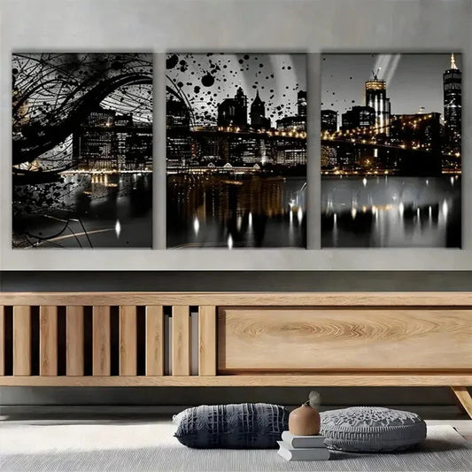 3pcs Night View Sky line Black City Metal Print Ready to Hang Art