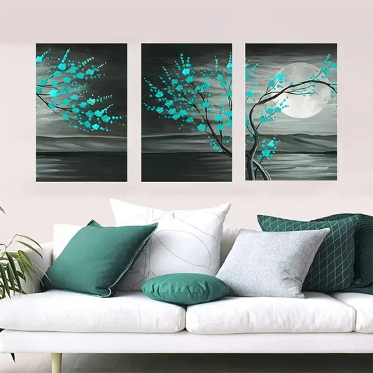 3pcs Night Moon Trees Watercolor Metal Print Ready to Hang Art