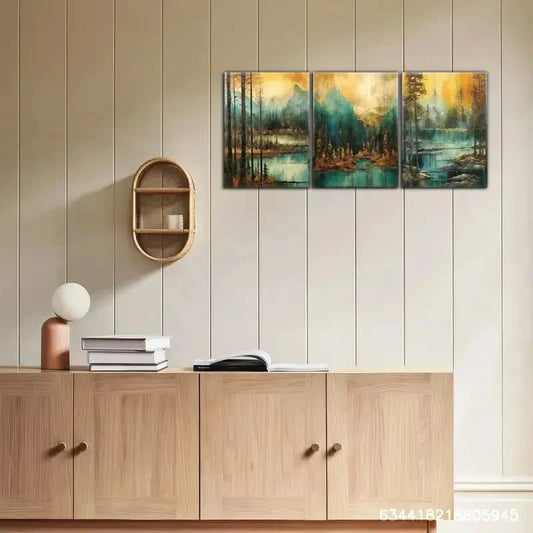 3pcs Golden Forest Art, Golden Blue Mountain Lake Metal Print Ready to Hang Art