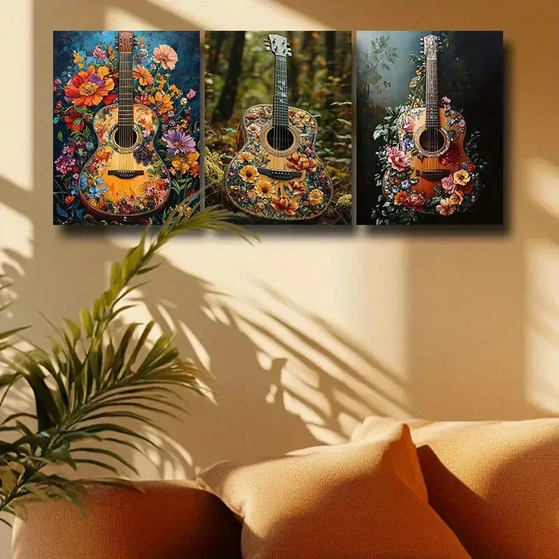 3pcs Guitar Flowers Design Metal Print Ready to Hang Art
