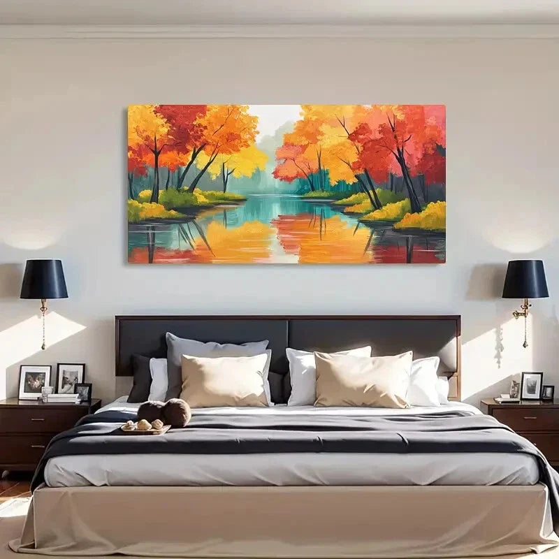 Autumn Reflection Vibrant River Wall Art Canvas Office Home Room Framed 120x60cm