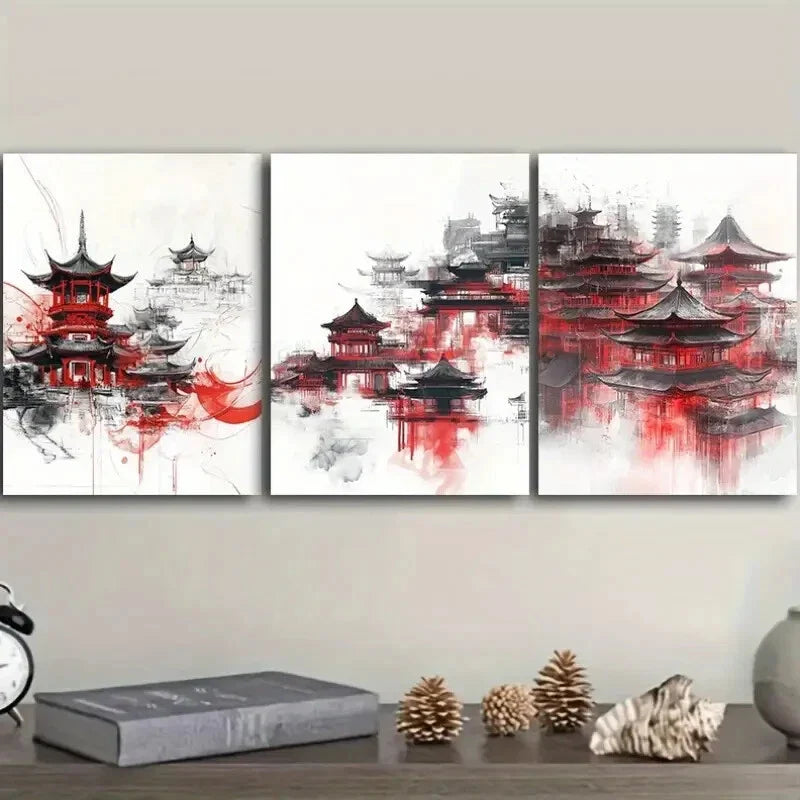 3pcs Traditional Chinese Architecture Wall Art Set Canvas Framed 40x60cm - High Quality Print 100% Australian Made Wall Canvas Ready to Hang