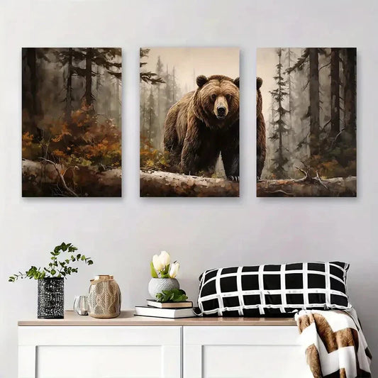 3pcs Brown Bear Forest Wildlife Nature Metal Print Ready to Hang Art