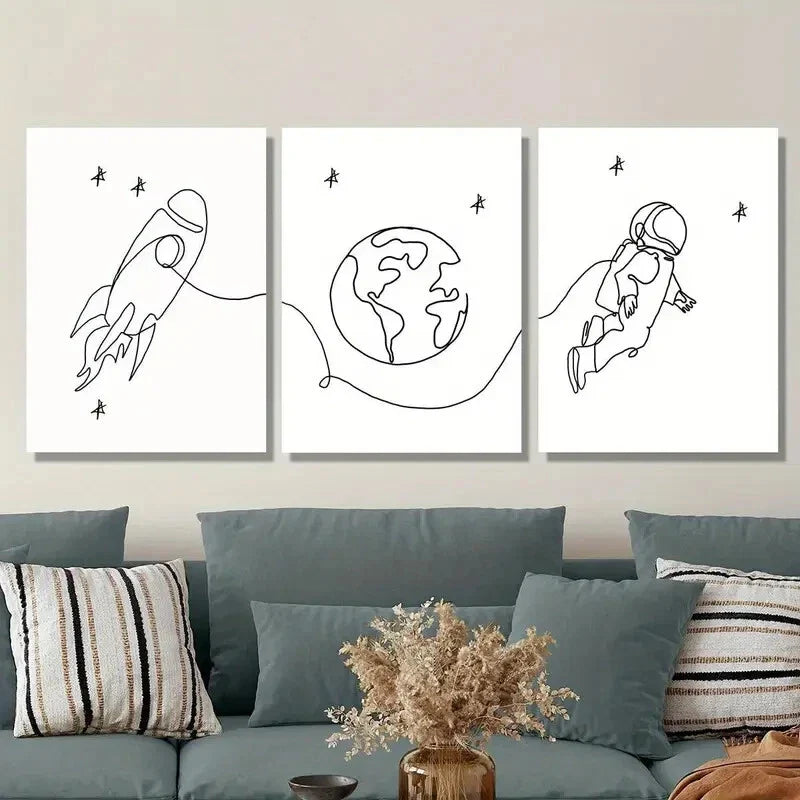 3pcs Earth, Rocket, Astronaut Line Drawings Metal Print Ready to Hang Art