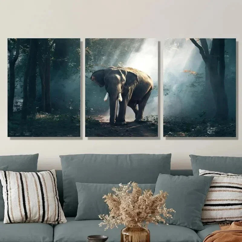 3pcs Elephant Forest Modern Metal Print Ready to Hang Art