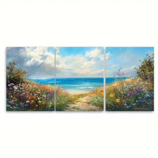 3pcs Coastal Wildflower Field Beach Landscape Metal Print Ready to Hang Art