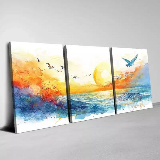 3pcs Birds Flying at Sunset Seaside Landscape Wall Art Set  Canvas Framed 40x60cm - High Quality Print 100% Australian Made Wall Canvas Ready to Hang
