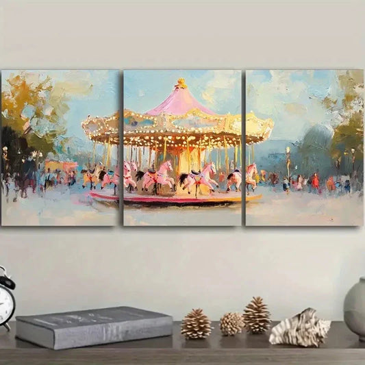 3pcs s The pink carousel Art Painting Metal Print Ready to Hang Art