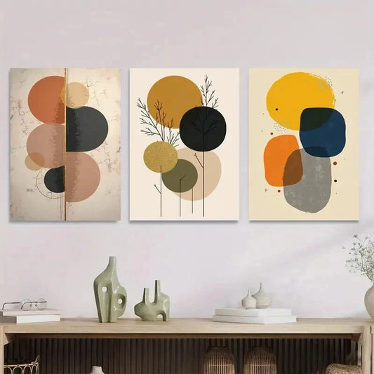 3pcs Colorful Geometric Golden Glitter Accents Metal Print Ready to Hang Art