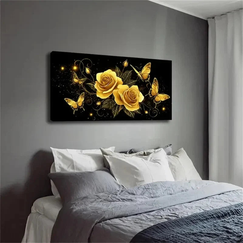 Golden Roses & Butterflies Wall Art Canvas Office Home Room Framed 120x60cm