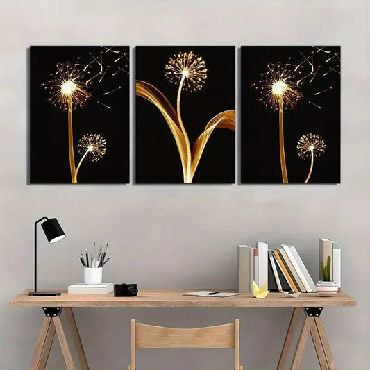 3pcs Aesthetic Golden Plants on Dark Background Metal Print Ready to Hang Art