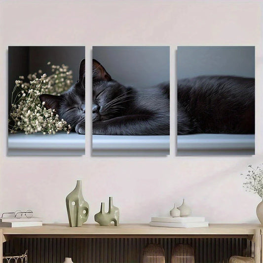 3pcs Black Cat Sleeping Retro Farmhouse Style Metal Print Ready to Hang Art