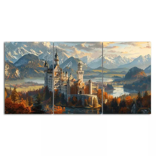 Neuschwanstein Castle Landscape 3 Piece Canvas Framed 40x60cm - High Quality Print 100% Australian Made Wall Canvas Ready to Hang
