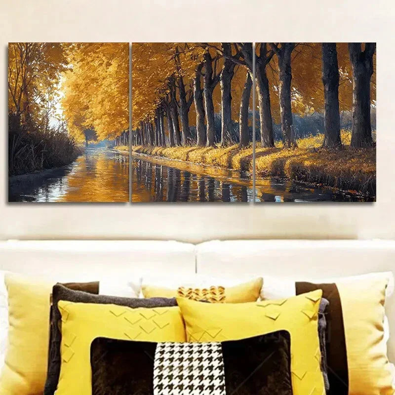 3pcs Golden Autumn River Trees Nature  Metal Print Ready to Hang Art