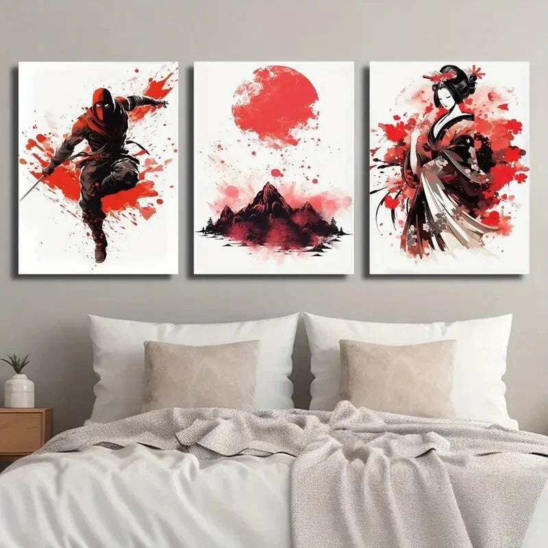 3pcs Modern Japanese Ninja Red Sun Mountain Peak Metal Print Ready to Hang Art