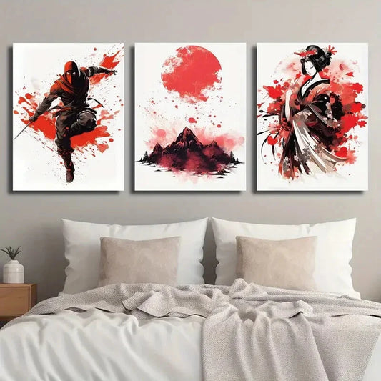 3pcs Modern Japanese Ninja Red Sun Mountain Peak Metal Print Ready to Hang Art