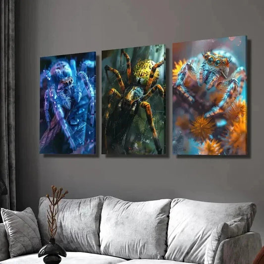 3pcs Blue Orange Illusion Spider Wall Art Set Canvas Framed 40x60cm - High Quality Print 100% Australian Made Wall Canvas Ready to Hang