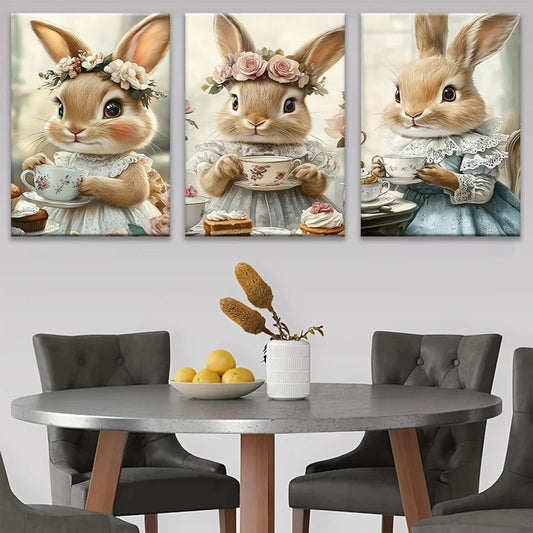 3pcs Spring Scene with Playful Bunnies Colorful Metal Print Ready to Hang Art