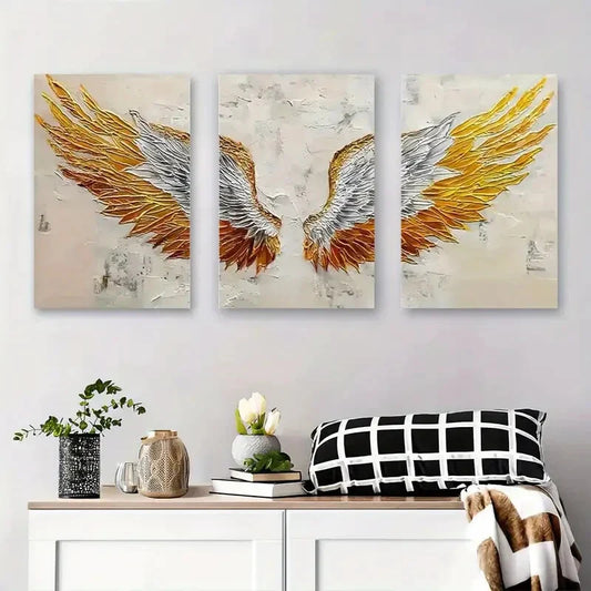3pcs Golden & White Feathered Wings Metal Print Ready to Hang Art