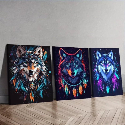 3pcs Stunning Wolf Neon Colors   Colorful Necklace Wall Art Set Canvas Framed 40x60cm - High Quality Print 100% Australian Made Wall Canvas Ready to Hang