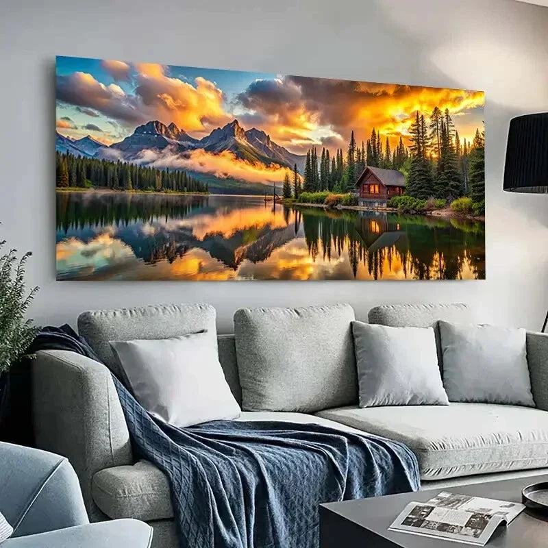 Golden Life Tree, Mountain,Lake Art wall canvas office home room framed 120x60cm