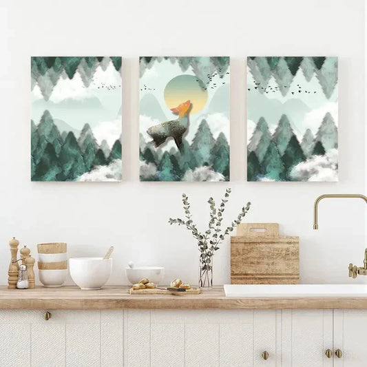 3pcs Nordic Simple Forest Animal Moose Metal Print Ready to Hang Art