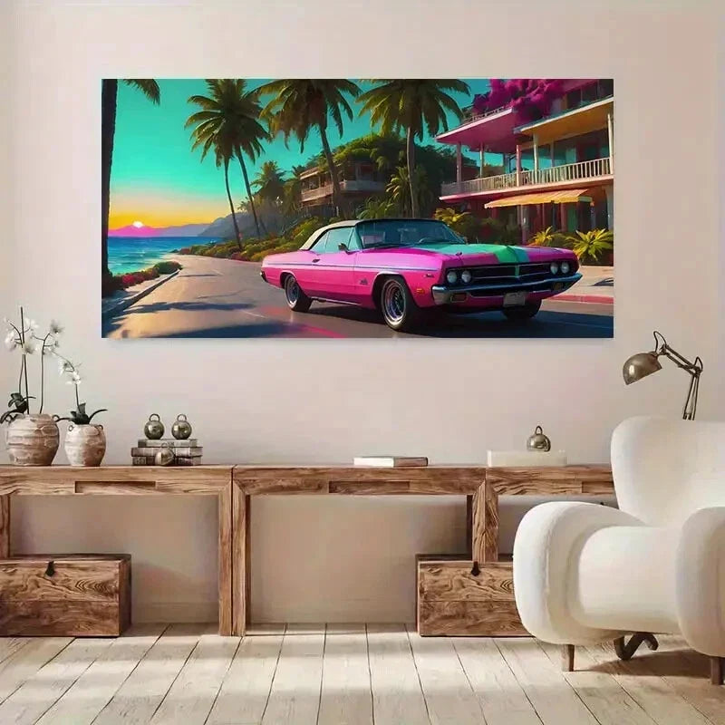 Pink Car Tree Ocean Sunset wall canvas office home room framed 120x60cm