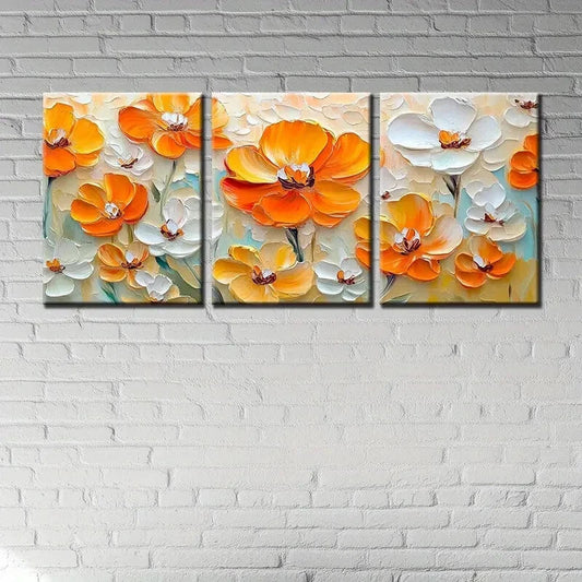 3pcs Vibrant Orange & White Flower Canvas Art Metal Print Ready to Hang Art