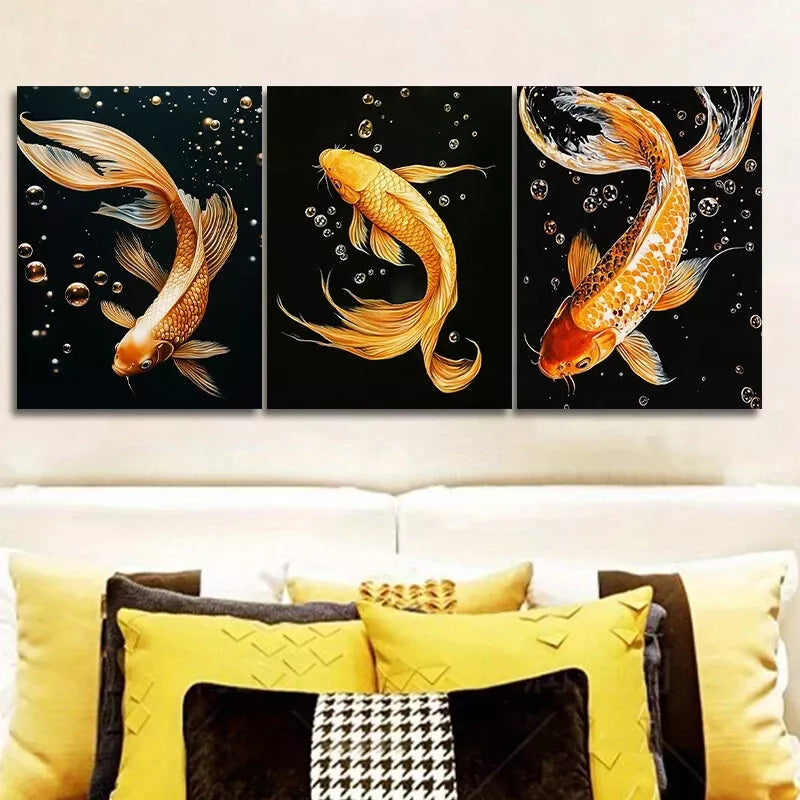 3pcs  Yellow Koi Fish Black Background Wall Art Set Canvas Framed 40x60cm - High Quality Print 100% Australian Made Wall Canvas Ready to Hang