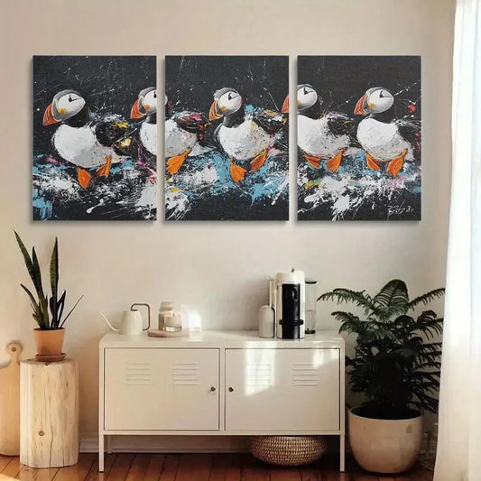 3pcs Vibrant Puffin Colorful Seabirds in Action Metal Print Ready to Hang Art