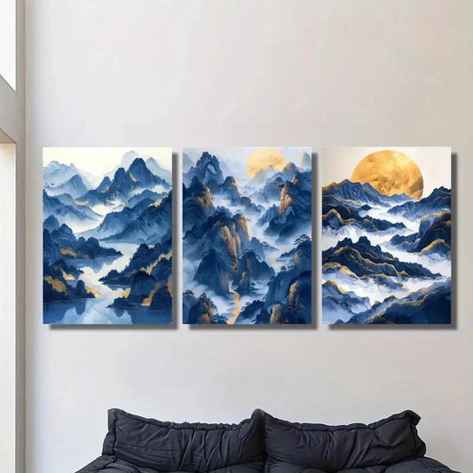 3pcs mountain and river pictures, golden ink Metal Print Ready to Hang Art