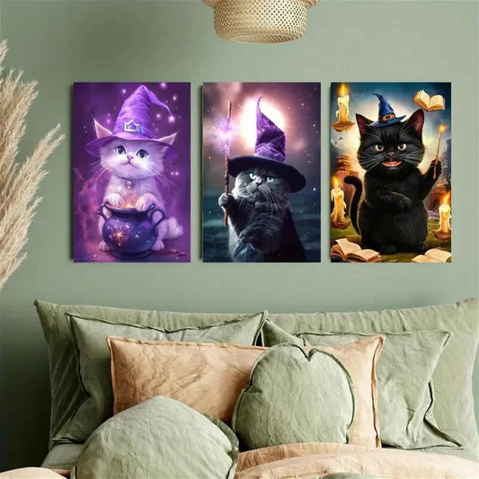 3pcs Whimsical Witch Kitten Metal Print Ready to Hang Art