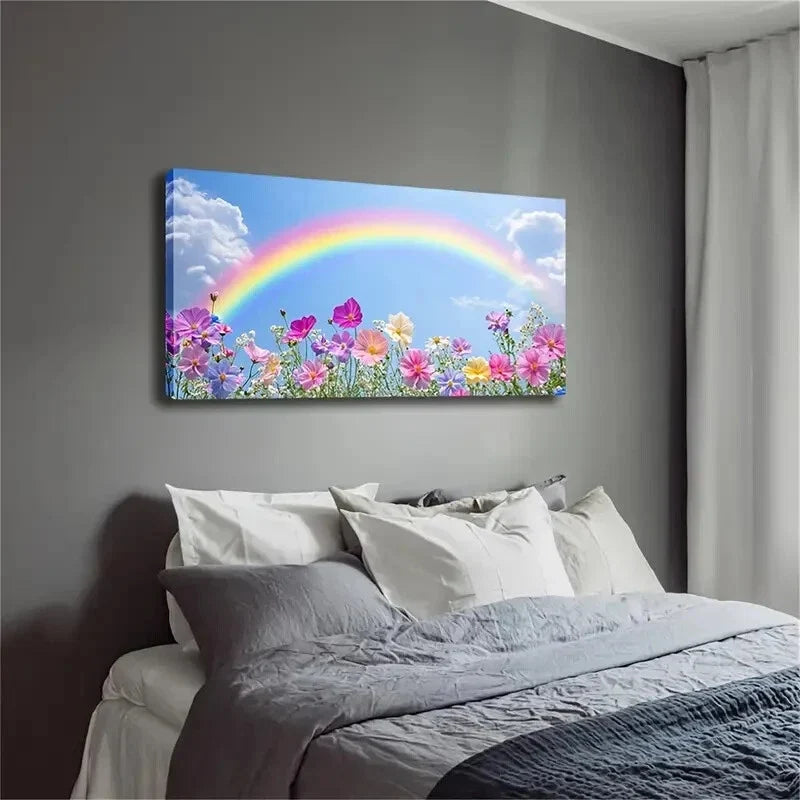 Flowers & Rainbow Bloom Cosmos Wall Art Canvas Office Home Room Framed 120x60cm