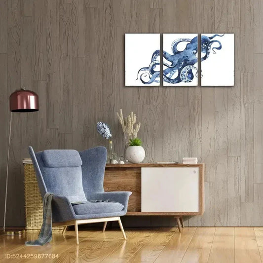 3pcs Blue Octopus Watercolor Octopus Classic Art Metal Print Ready to Hang Art