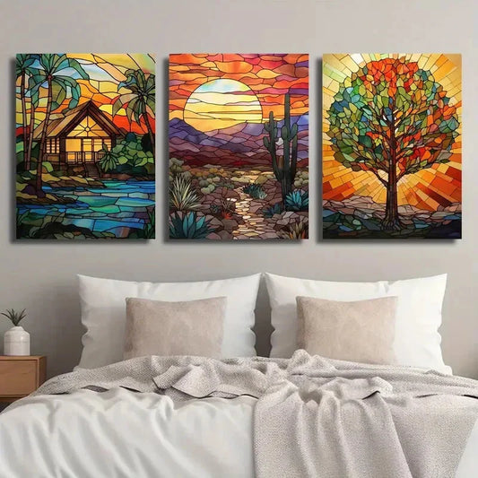 3pcs Stained Glass Style Village Desert Sunset Metal Print Ready to Hang Art