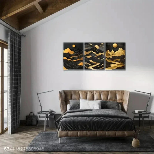 3pcs River of Golden, Golden Abstract, Golden Peak Metal Print Ready to Hang Art