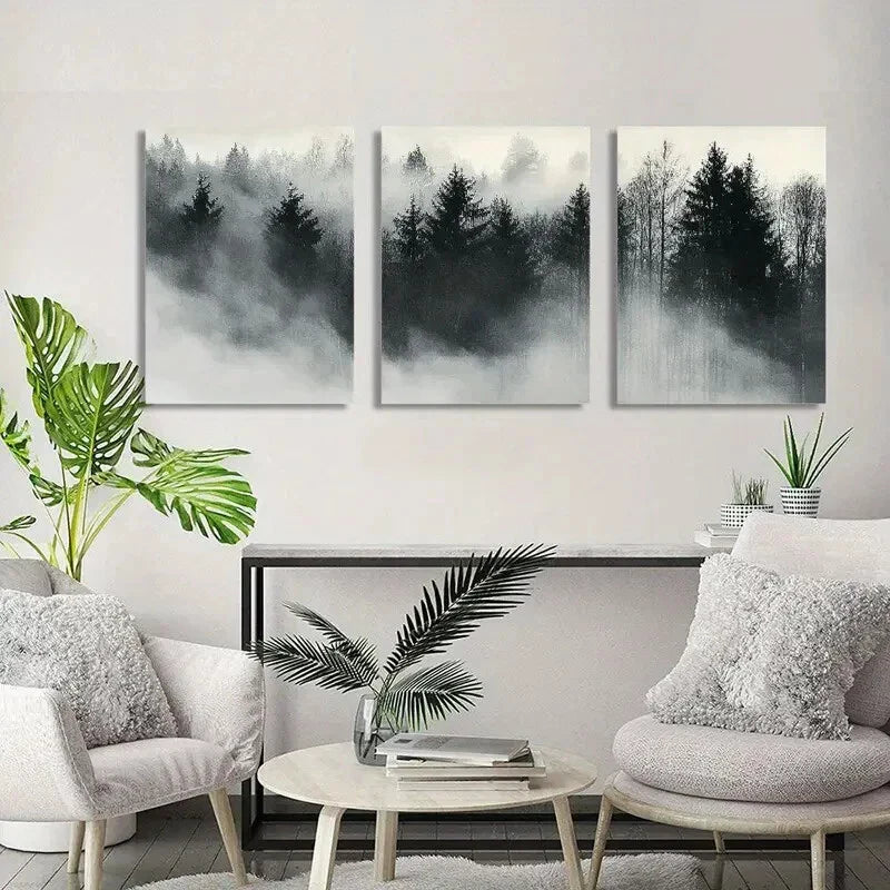 3pcs Trees Foggy Forest Modern Prints Metal Print Ready to Hang Art