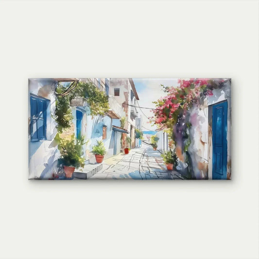 Mediterranean Street Watercolor Wall Art Canvas Office Home Room Framed 80x45cm