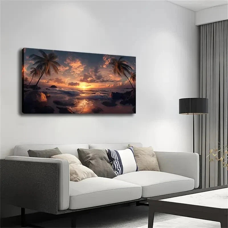 Sunset Beach with Palm Trees Wall Art Canvas Office Home Room Framed 120x60cm