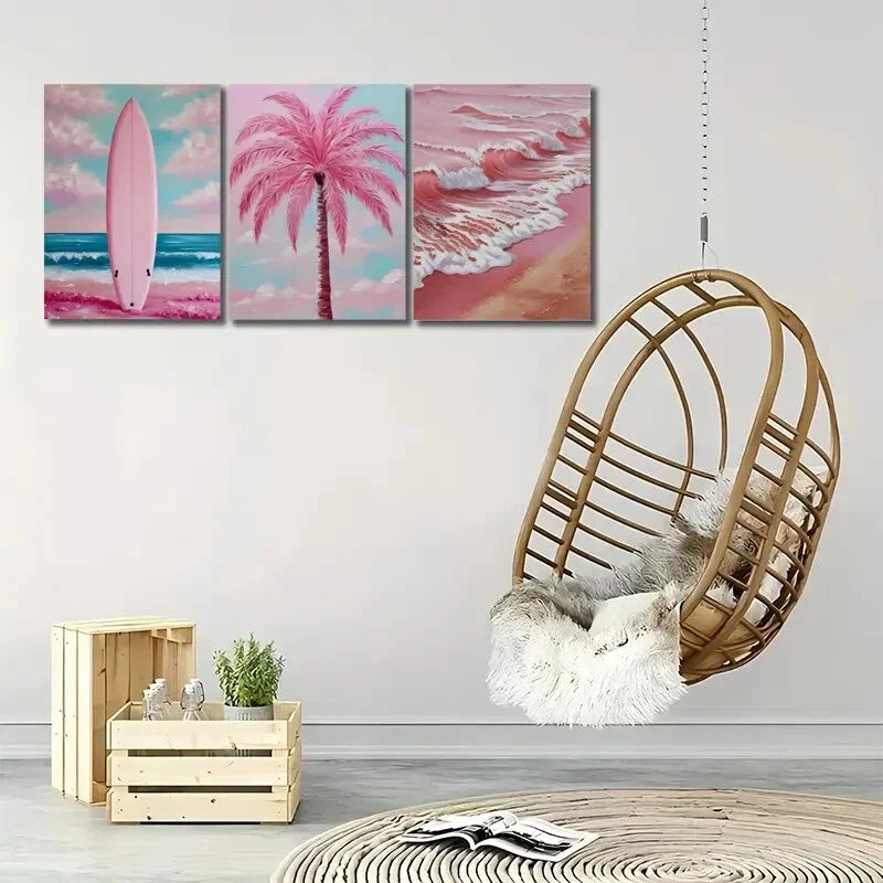 3pcs Pastel Coastal Posters Pink Ocean Pictures Metal Print Ready to Hang Art