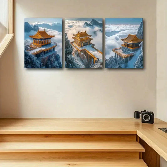 3pcs Golden Pagoda on Mountain Top with Clouds Metal Print Ready to Hang Art