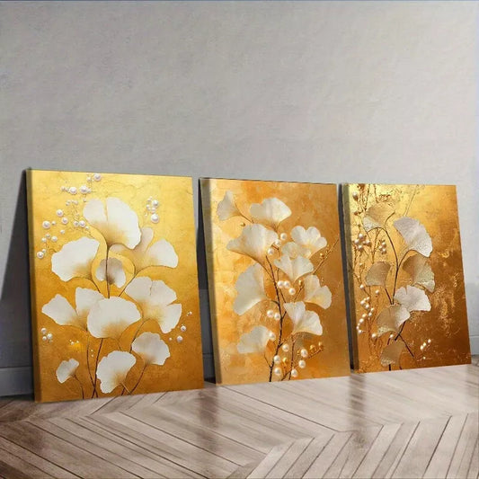 3pcs Ginkgo Leaves And Pearls Nature   Wall Art Set Canvas Framed 40x60cm - High Quality Print 100% Australian Made Wall Canvas Ready to Hang