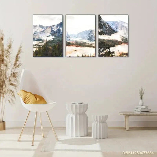 3pcs Serene Mountain Landscape with Pine Trees Metal Print Ready to Hang Art