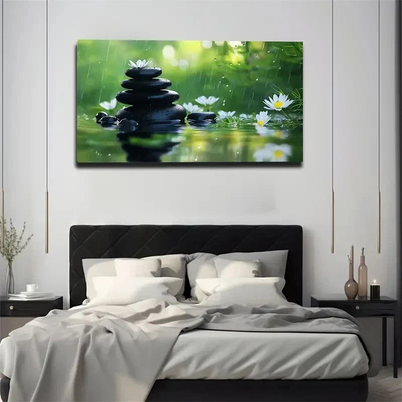 Black Stones Stacked Rain Wall Art Canvas Office Home Room Framed 120x60cm