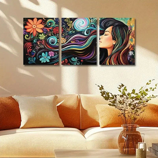 3pcs Vibrant Long-Haired Woman & Swirl Design Metal Print Ready to Hang Art