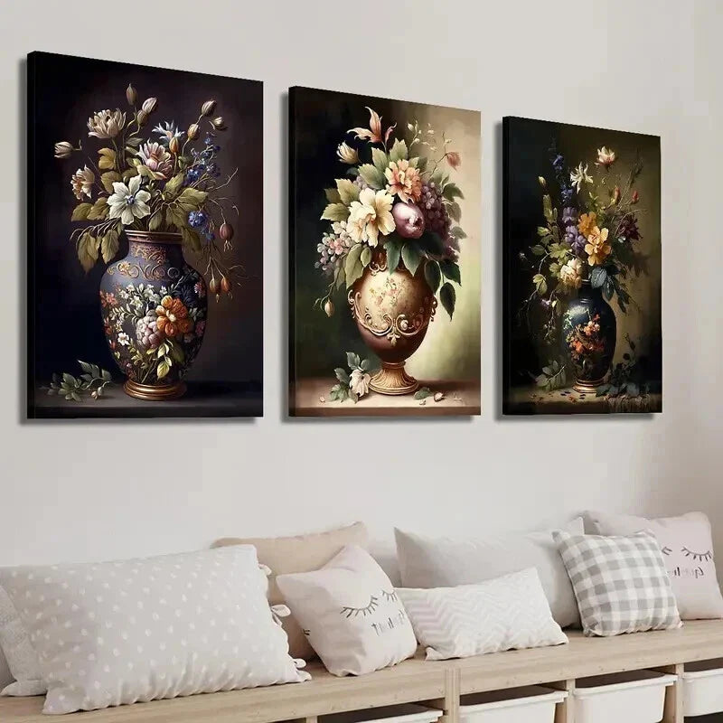 3pcs Artistic Painting of Flowers in Vase Wall Art Set Canvas Framed 40x60cm - High Quality Print 100% Australian Made Wall Canvas Ready to Hang